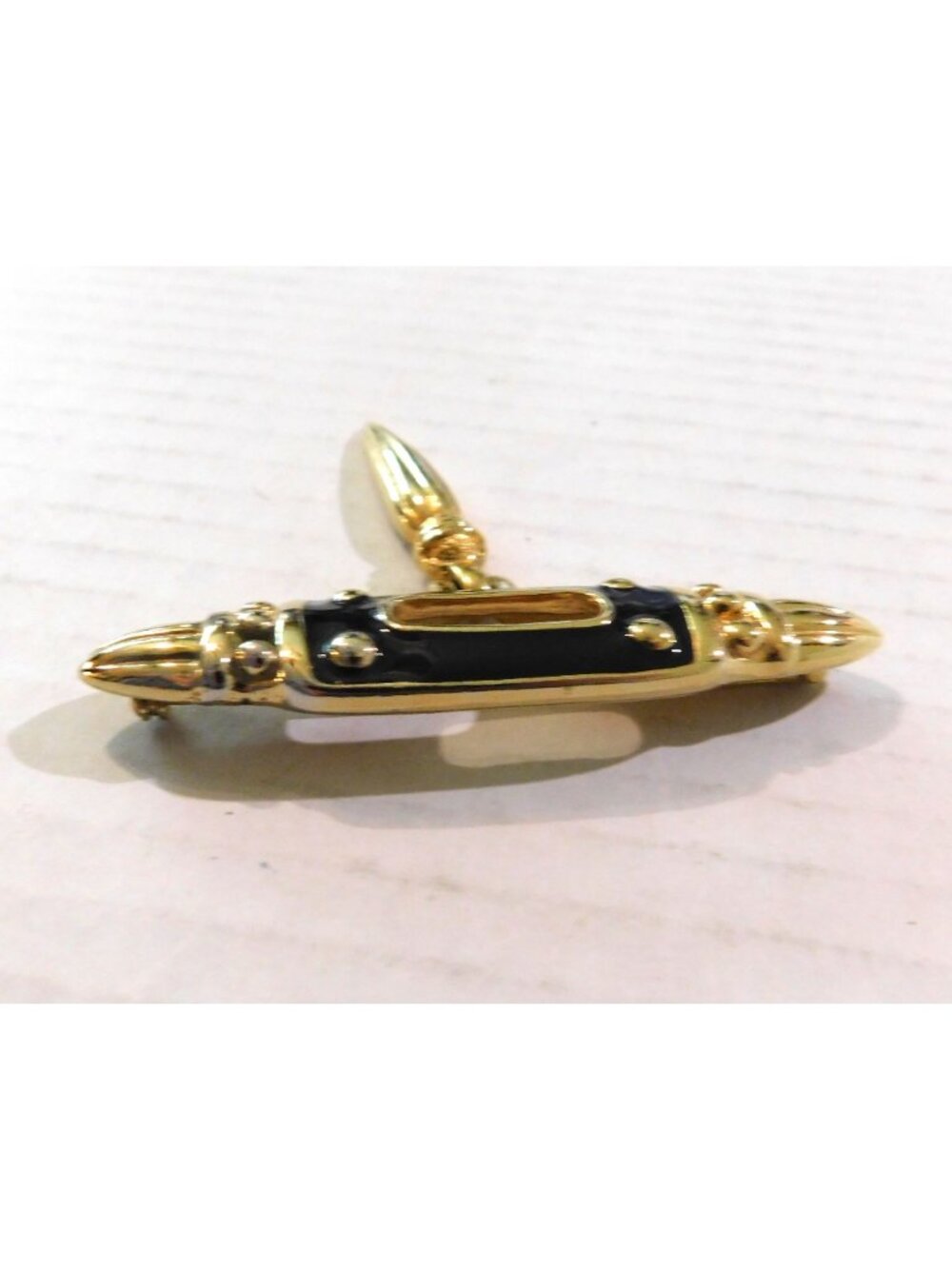 Premier Designs Vintage Signed Pin Gold Plated Black Enamel Hanging Charm Brooch - Picture 6 of 9